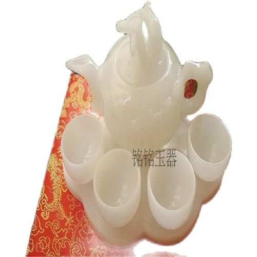 China Handmade Jade Carving Natural Stone Jade Teapot And Tea Cup A Set