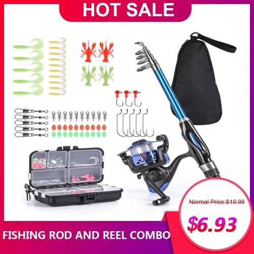 Full Fishing Kits Fishing Rod And Reel Combo Telescopic Fishing Rod Spinning Reel Set with Hooks Soft Lures Barrel Swivels Bag