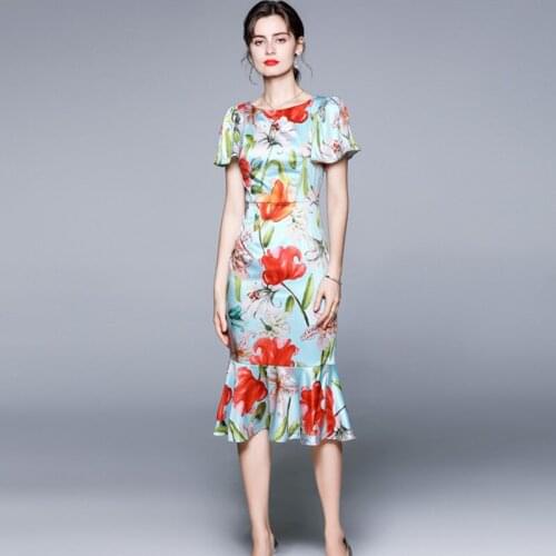 Summer Sky Blue Lotus Sleeve Fishtail Print Satin Birthday Dress for Women Midi Bodycon Midi Party Dresses with Lining K8808