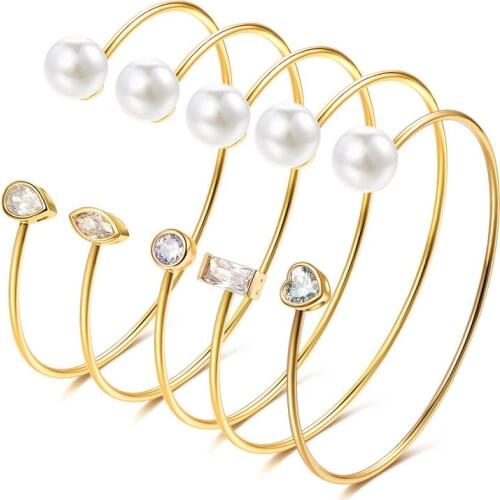 Fashion Women Bracelet Open Pearl Cubic Zirconia Cuff Bracelets For Females Heart Round Charm Trendy Jewelry