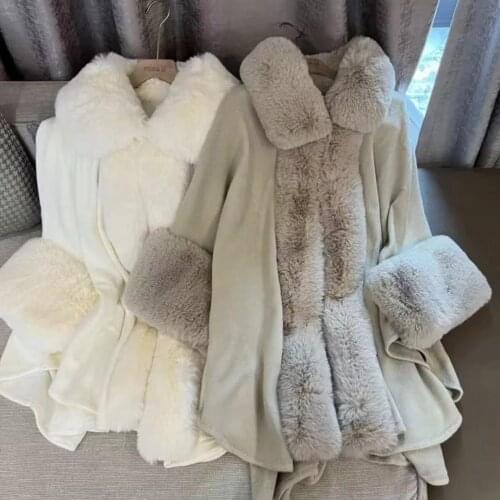 Soft Luxury Faux Rabbit Fur Coat Cape Long Winter Women Wide Turndown Collar Overcoat Knit Cashmere Party Cloak Shawl Big