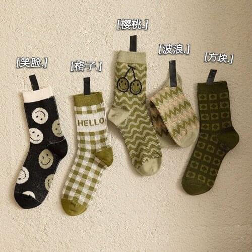 10 Pairs Women Socks Autumn Winter Avocado Green Color Socks Ins Trendy Geometric Pattern Socks For Ladies Girls Middle Tube