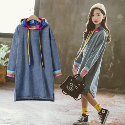 Girls 2021 spring new Korean version of the big boy girl T-shirt pure color trendy rainbow denim long-sleeved dress