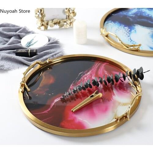 Nordic Gold-plated Glass Fruit Tray Household Jewelry Storage Tray Agate Pattern Storage Tray Living Room Decoration Accessories