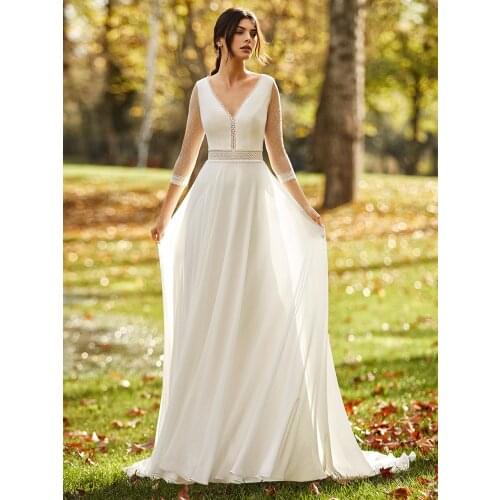 Transparent Tulle A Line Long Sleeves Wedding Dress Bohemian Beach Summer 3/4 Sleeves V Neck Plus Size Bridal Gown Custom Made