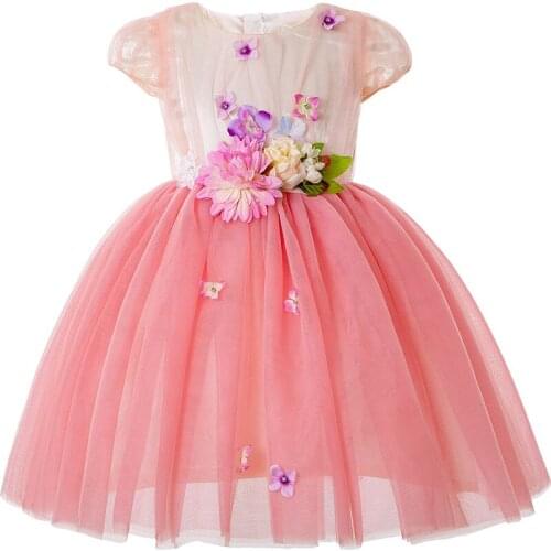 Pink Cute Girl Dress Children Party Outdoor Ware Flower Fresh Nature Layered Tulle Fashioned Size 3 4 5 6 7 8 Years Old