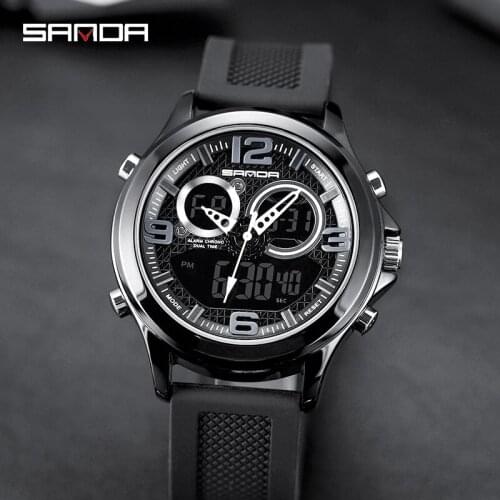 SANDA Brand Calendar Display Silicone Strap Digital Analog Black Band Watch Outdoor Sport Military Watches Mens Luminescence