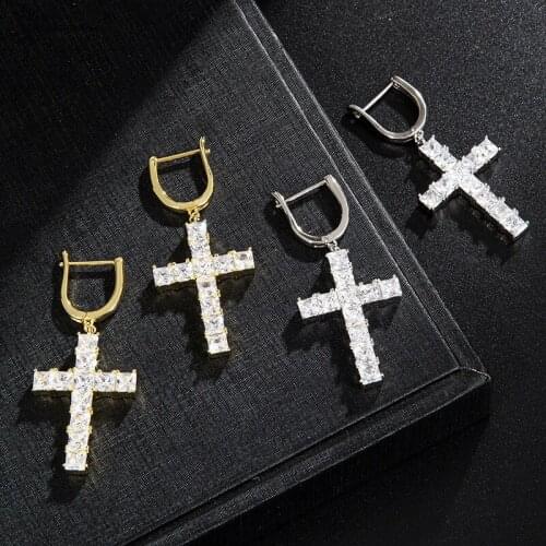 Hip Hop Punk Paved Cross Full Bling Iced Out 1 Pair Earring Cubic Zircon Gold Colour Charm Stud Earrings For Men Hip Hop Jewelry