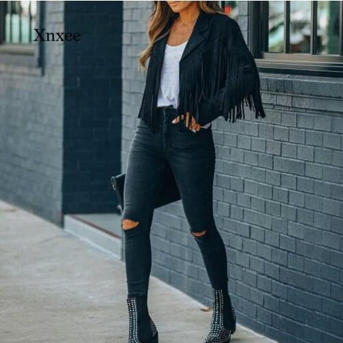 Fall/winter Womens Fringed Bomber Jacket Womens Fashion Long Sleeve Lapel Slit Slim Jacket