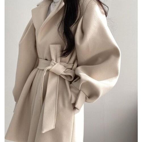 Womens Coats and Jackets Wool and Blends Chic Lace-up Waist Slim-fit Lapel Two-button Lantern Sleeves Wool Coat Winter korean