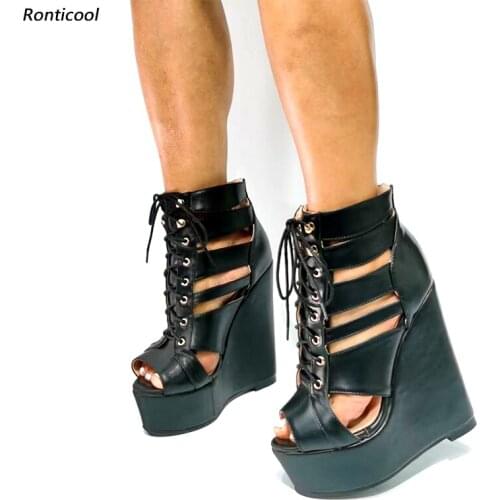 Ronticool New Handmade Women Summer Gladiator Sandals Comfort Wedges High Heels Open Toe Elegant Black Casual Shoes US Size 5-20