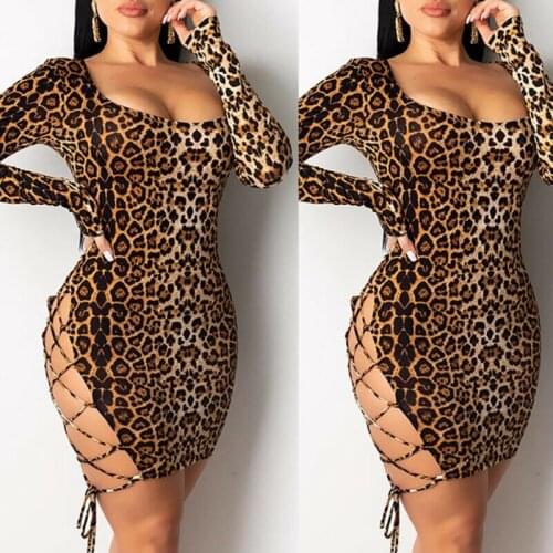 Women Sexy Fashion Leopard Backless Long Sleeve O-Neck Skinny Short Dresses Night Club Wear Femme Vestidos