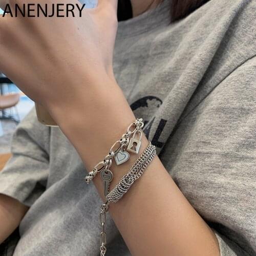 ANENJERY 925 Sterling Silver Thai Silver Bracelet for Women Vintage Heart Key Lock Trendy Bracelet Jewelry S-B467