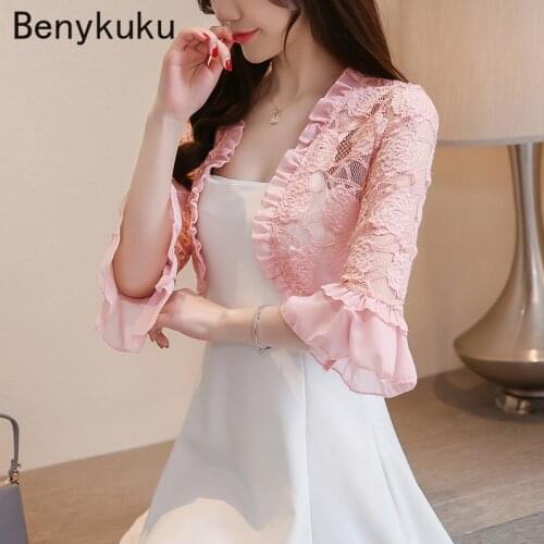 Sweet Pink Lace Bolero Shrugs for Party Dress Summer Women Clothes Flare Sleeve Elegant Cardigan Top Shawls Basic Coat Jackets