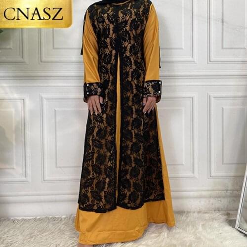 New Fashion Abaya Elegant Arabian Black Lace Cuff Long Sleeve Yellow African Dresses For Women Dress Abaya Muslim