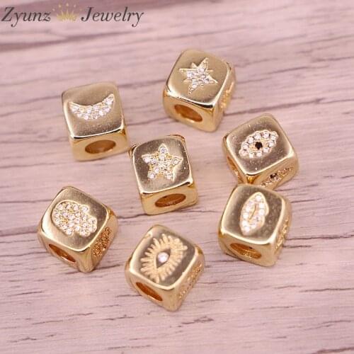 10PCS, Cubic Zirconia Dice Beads, DIY Accessories Clear CZ Micro Pave Square Eye Lip Star Hamsa Hand Charms Big Hole Beads
