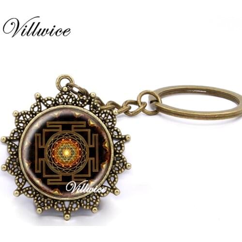2020 Sri Yantra Mandala Glass Dome Key Chains DIY Main Buddhist Sacred Geometry Charm Women Men Jewelry Gift Accessories