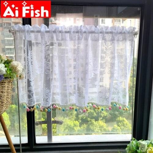White Rose Mesh Lace Tulle with Colorful Cotton Balls Lace Hemline Short Curtains For Kitchen Bathroom Counter Cover Gauze #5