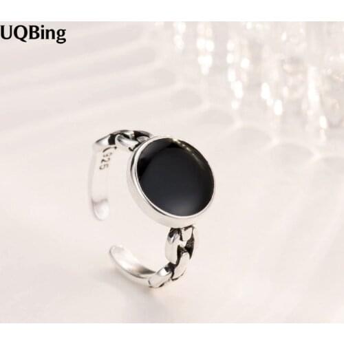 Free Shipping 925 Sterling Silver Retro Black Round Open Ring Women Gift Finger Rings