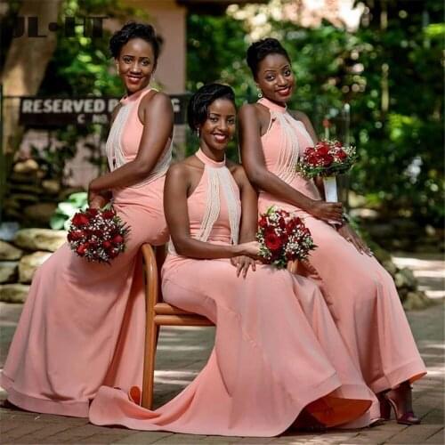 Beading 2021 Black Girl Bridesmaids Gown Long Elastic Satin Mermaid Pink Wedding Party Gown South African Bridesmaids Dress