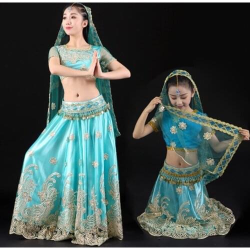 4 Colors Belly Dance Outfits Indian Dance Embroidered Bollywood Costume Set Long Skirt Top Belt Sari 4pcs Festival Performance
