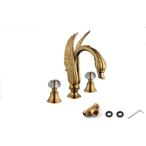 Gold CLour 3 Pieces swan sink faucet widespread lavatory basin mixer tap Clear crystal handles Deck mounted