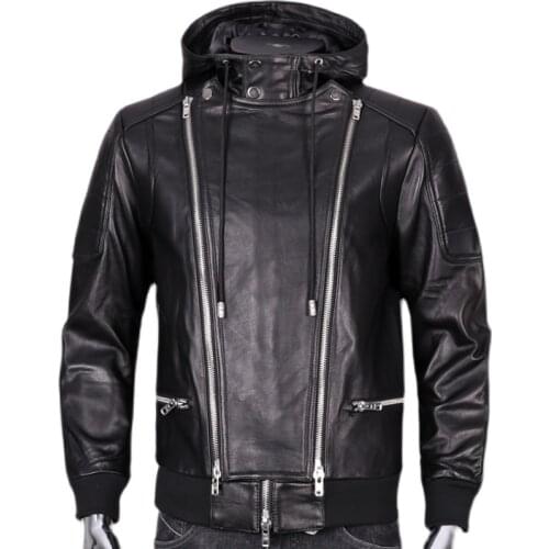 Genuine Leather Jacket Mens Sheepskin Motorcycle Leather Jacket Hooded Slim-fit Leather Coat for Male