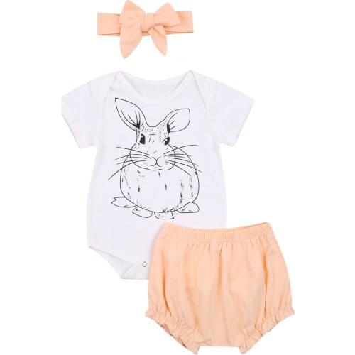 New Easter Baby Girls Rabbit Print Short Sleeve Jumpsuit + Shorts with Ruffle + Bow-knot Headband Set