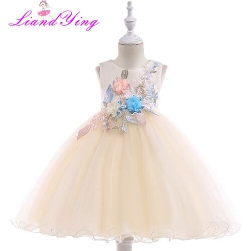 Girls Dress Leaves Appliques Flower Frock Formal Baby Wedding Dresses Fancy Children Gown Kids Evening Party Clothes for Girl