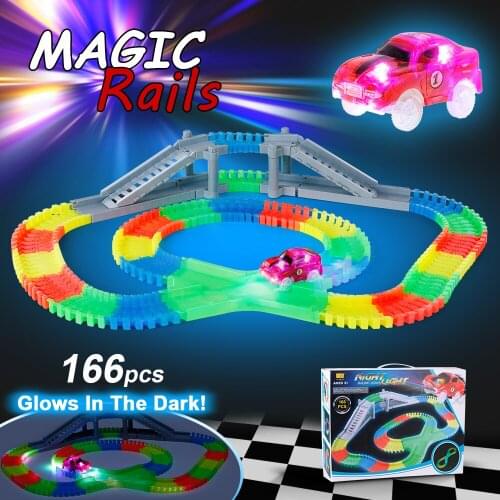 Clearance 166PCS Twisted Tracks Flexible Assembly Track Glow in the Darkness with Bridge Crossroad Track Race Car for Kids Gift