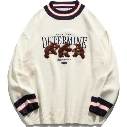 Hip Hop Harajuku Casual Pullover Bear Embroidery Patchwork Striped Knitted Jumpers Sweaters Streetwear Knitwear Mens Fashion Top