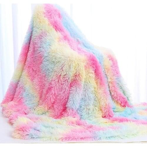 Rainbow Plush Super Soft Blanket Colorful Gradient Bedding Sofa Cover Furry Fuzzy Fur Warm Throw Cozy Couch Blanket for Winter