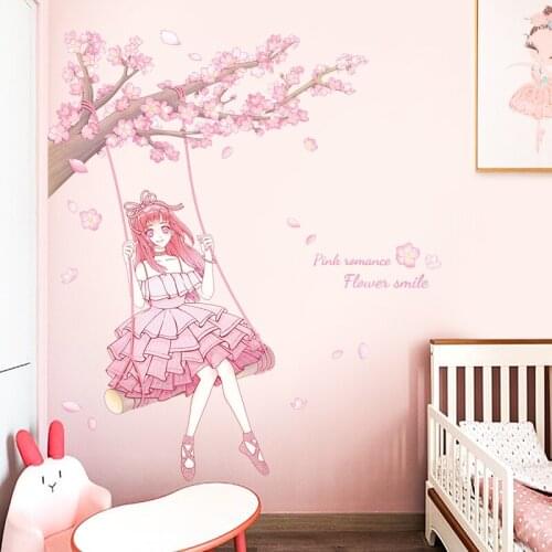 Pink Swing Girl Wall Stickers Peach Blossom Tree for Kids Bedroom Decals Decoration Aesthetics Art Posters Removable