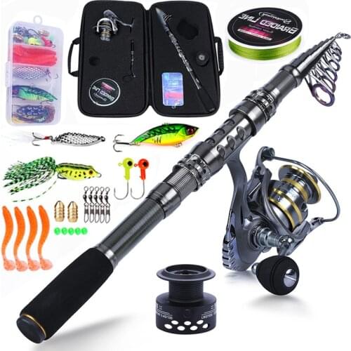 Sougayilang Fishing Rod and Reel Combo Telescopic Fishing Rod Spinning Reel with Free Spool Fishing Hooks Lure Line Bag Full Kit