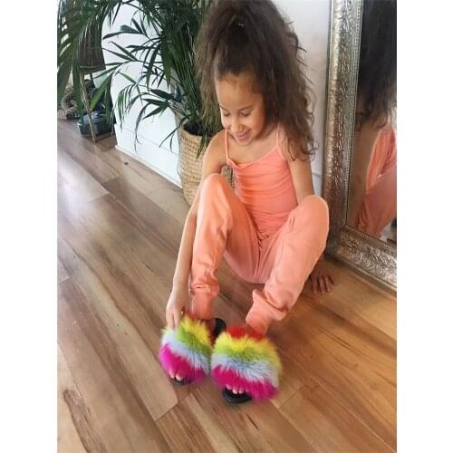 Hot Summer Girl Fox Fur Slippers Real Fur Slides Child Indoor Fur Flip Flops Casual Raccon Fur Sandals Furry Fluffy Plush Shoes