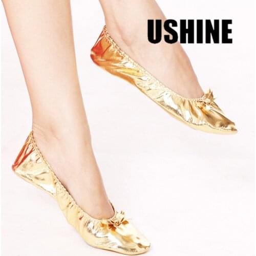 USHINE EU27-41 golden leather head yoga slippers teacher gym indoor exercise canvas ballet dance shoes children kids girls woman