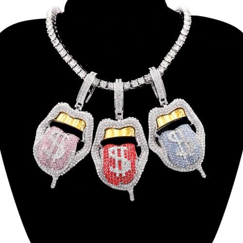 Hip Hop Dollar Symbol Micro Pave Dripping Lips necklace men Iced Out Bling Tongue Pendant Necklace Tennis Chain for women Gift