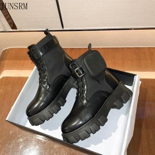 2021 Spring Women Ankle Boots Pocket Short Boot Ladies Lace Up Shoes Female Platform Comfortable Black Chunky Ankle Boot
