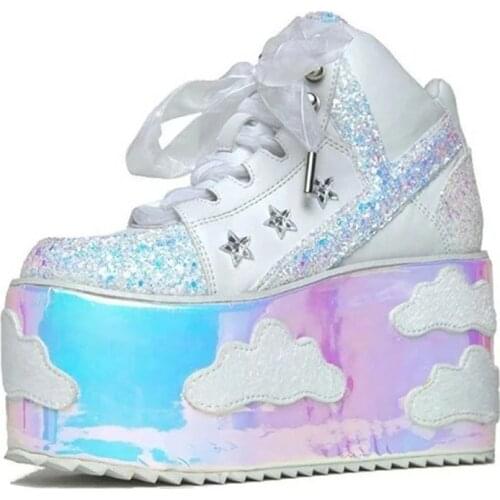 Fashion Cloud Platform Shoes Women Sneakers Wedges Sequins Lace Up Casual Street Shoes High Heel Sweet Girl Heighten Shoes 2021