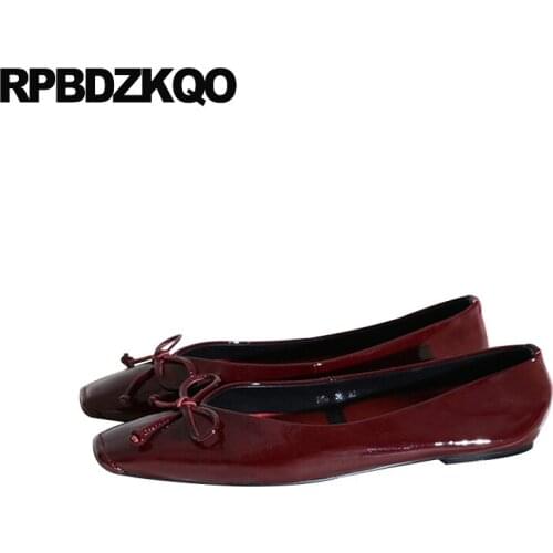 Female Ladies Square Toe Genuine Leather Slip On Red Wine High Quality Flats Chinese Patent Bow Designer Shoes Women Luxury 2021