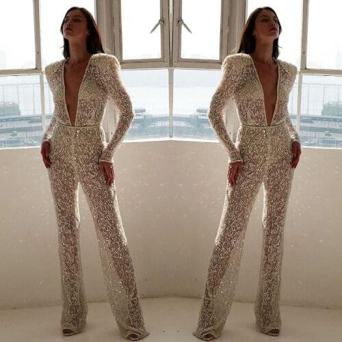 OMILKA Puff Sleeve Glitter Sequin Jumpsuit 2020 Spring Women Deep V Neck Embroidery Lace See Through Club Party Full Overalls