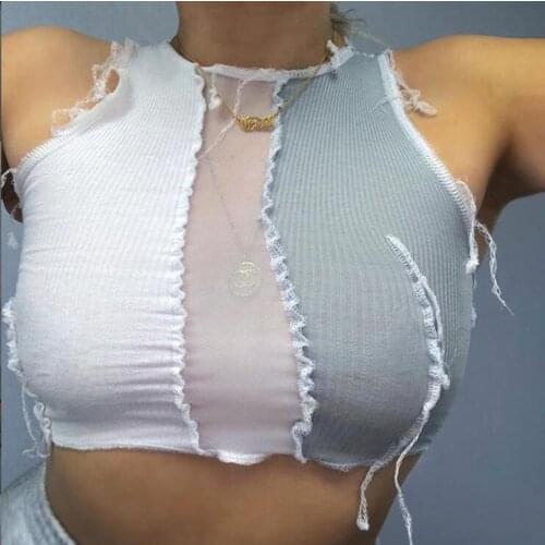 Women sleeveless see-through sexy crop top women mesh Patchwork design style street 2020 summer casual wear wild vest female