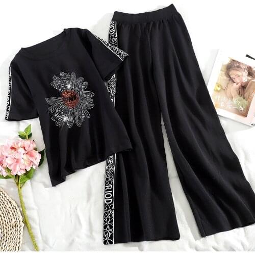 2020 Women Summer knitting Two Piece Set Round Neck Tshirt Tops +Wide leg Pants Sets Female Fashion Hot drill Leisure 2piece set