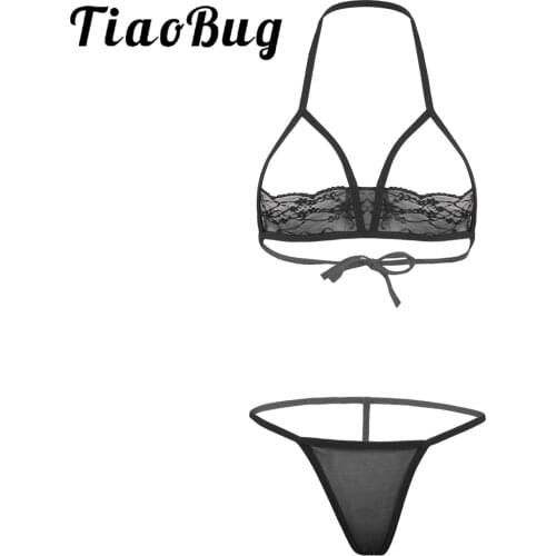 Womens See-through Lingerie Suit Two-Piece Sexy Bikini Set Halter Lace-up Open Cup Lace Bra with Mesh G-string Briefs Sleepwear