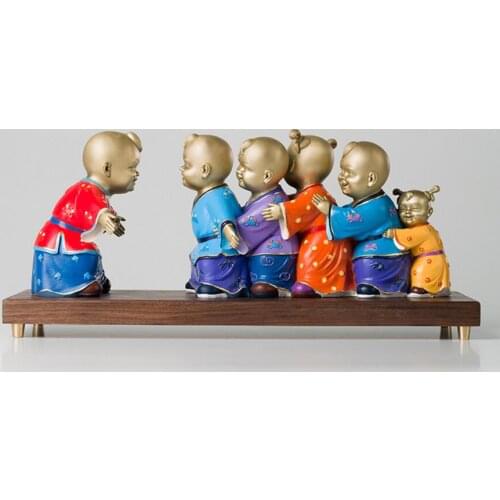 19.6in Chinese Art Deco Pure Brass painted Children Boy Games decorate sculpture Decoration Home Furnishings Gift Statue