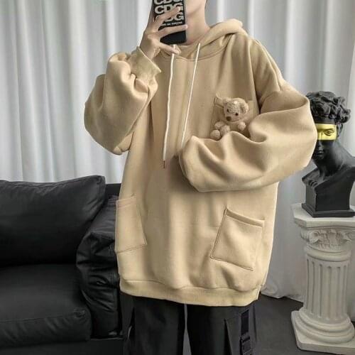 2021 Mens New 3 Color Coats Cute Bear Decorate Hooded Hoodies Cotton Casual Sweatshirts Loose Fashion Casual Pullover M-2XL