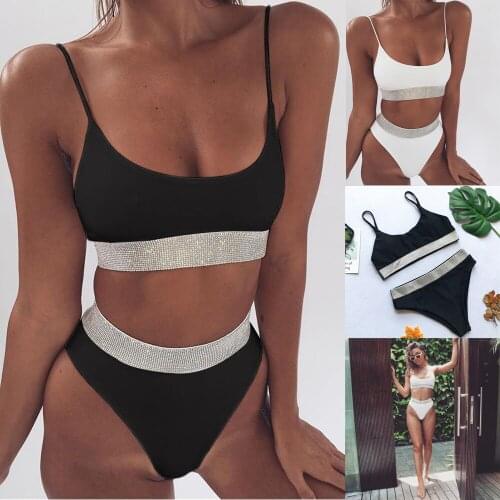 2021 Summer Womens Push Up Padded Bra Sequins Patchwork Bikini Set High Waist Swimsuit Bathing Suit Swimwear