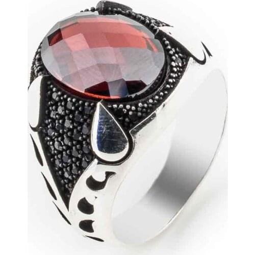 925 sterling Silver Red Zircon Stone Clawed Male Ring