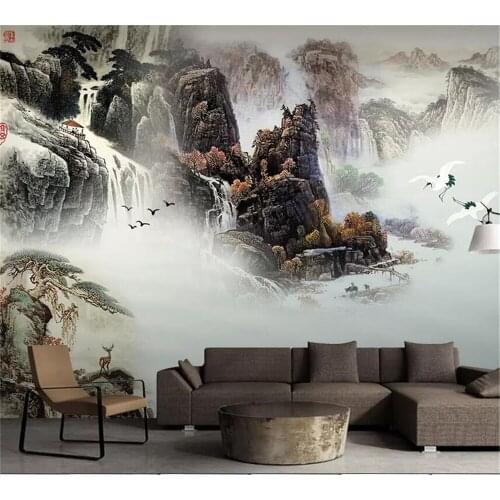 Beibehang atmospheric landscape Chinese painting TV sofa hotel restaurant background wall large mural green wallpaper