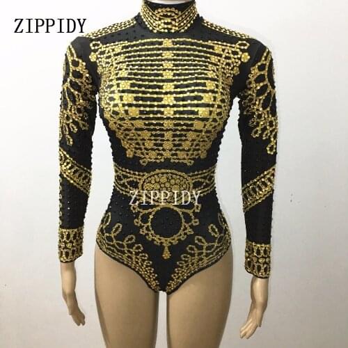 Sparkly Gold Black Rhinestone Bodysuit Female Singer Performance Leotard Stage Wear Shining Design Costume One-piece Dance Wear